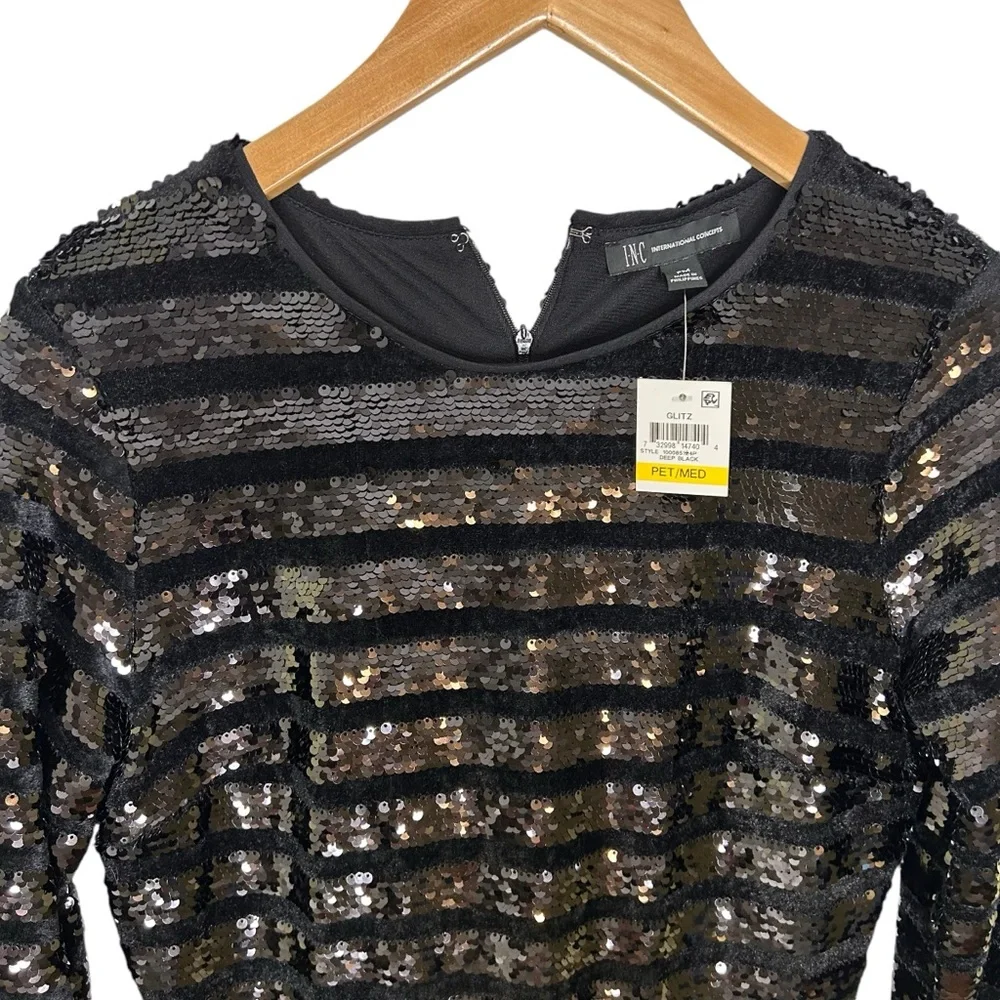 INC Sequin Sheath Dress Size MEDIUM Petite Glitz Black 3/4 Party Holiday NWT